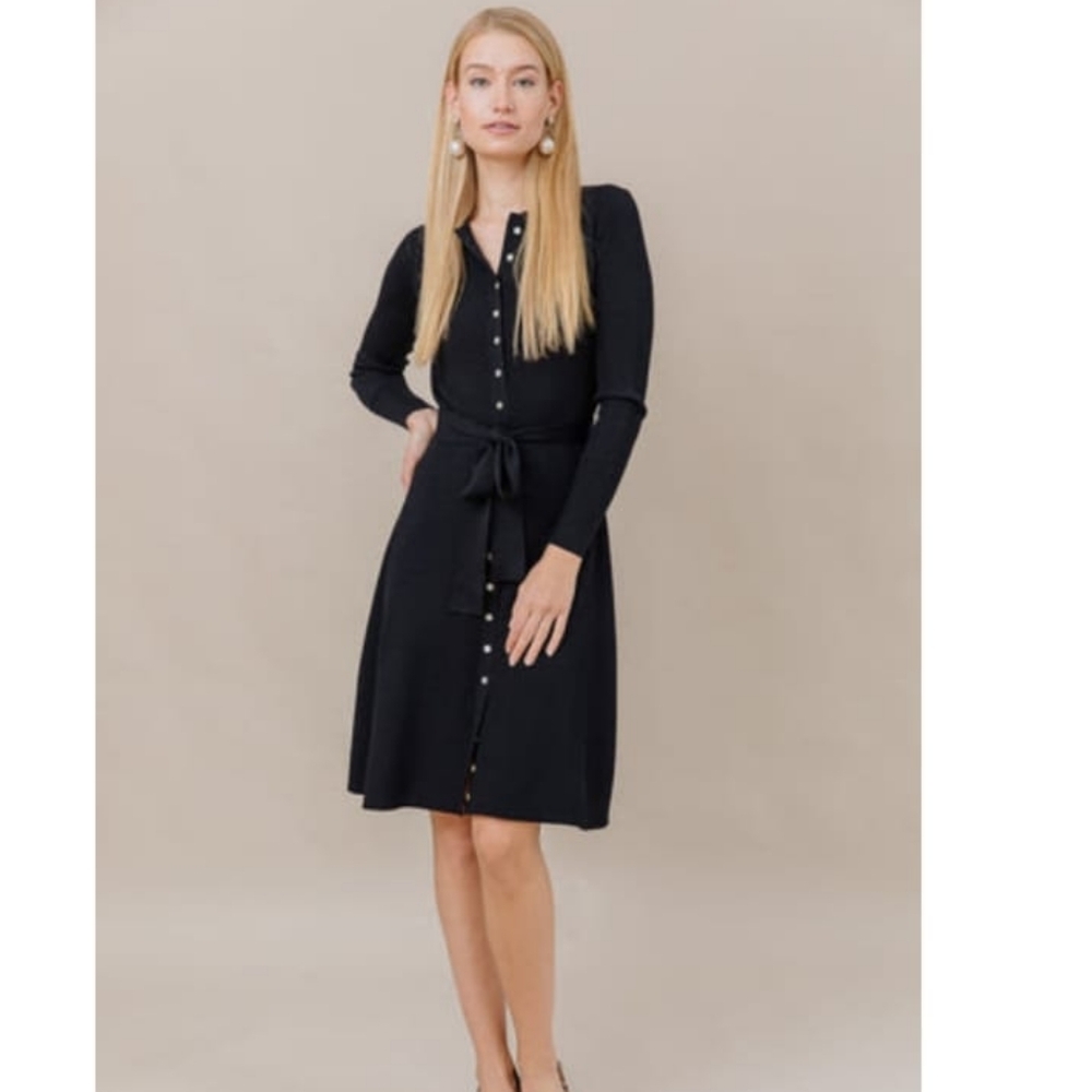 Apparalel Black Ribbed Knit Button Down Knee Length  Dress